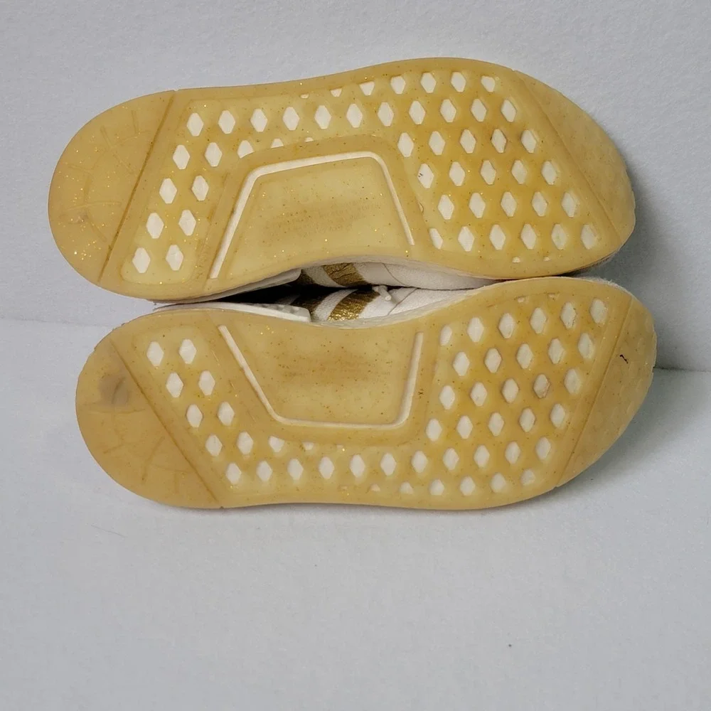 Size 4.5 Adidas kids NMD R1 Off White/gold Running Sneakers Shoes